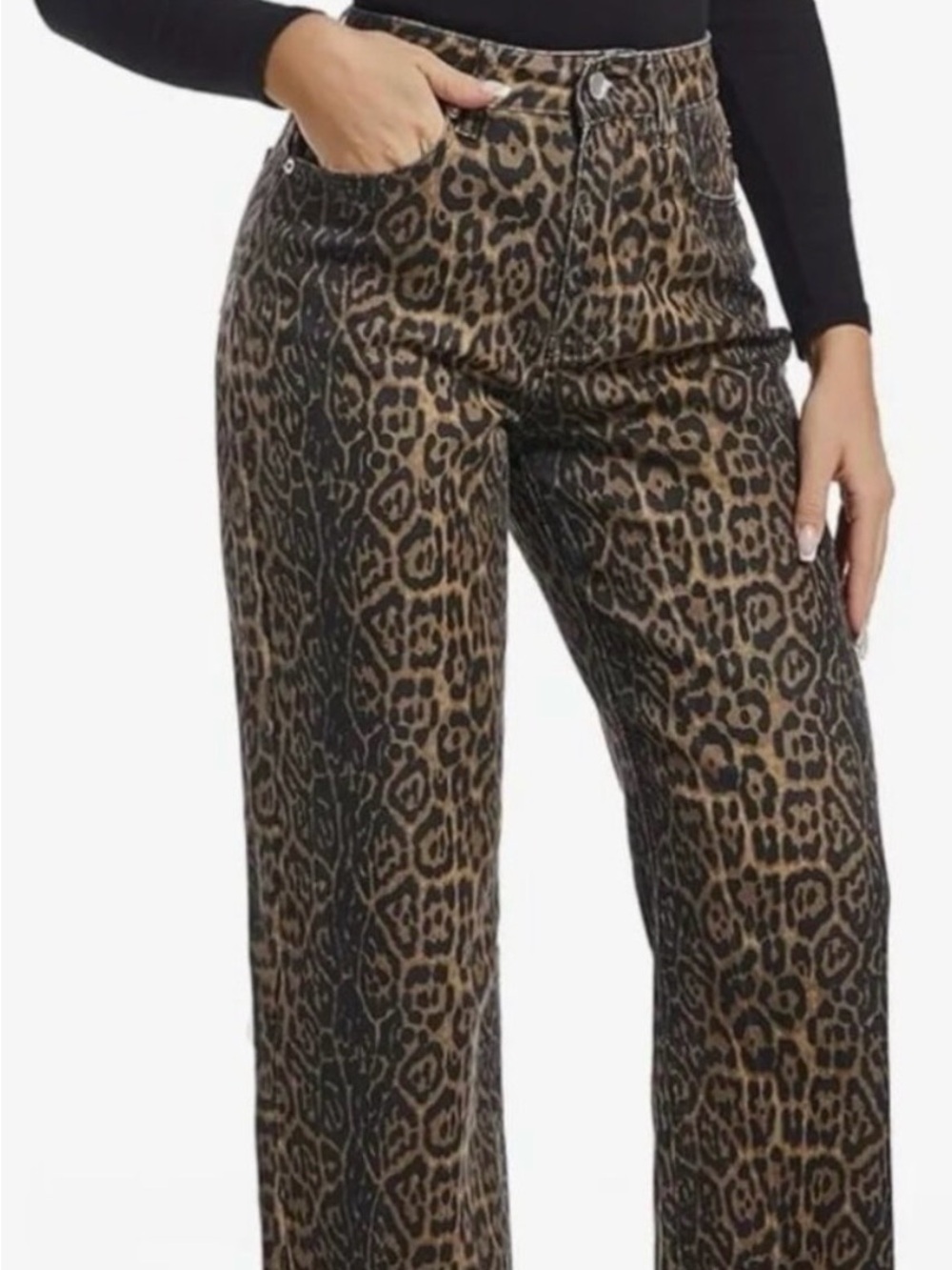 Ettelo Women’s Cheetah Print High Waist Denim Straight Leg Jeans